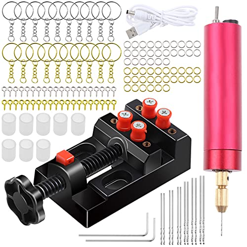 Yiphates Electric Resin Drill Set, Hand Drill Tool Set, Pin Vise for Resin Molds Jewelry Casting, Anti-Skid Drill Press Vise, 220 PCS Keychain Making Supplies for DIY Craft Keychains Jewelry Making
