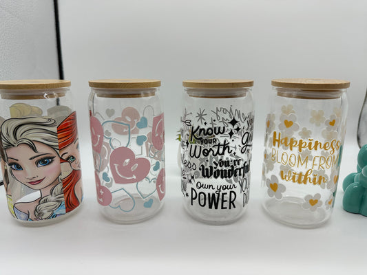 Cold brew glass, cold coffee glass cup, 16oz glass can, UV decal, Heart, Princess, Hapiness, Positive