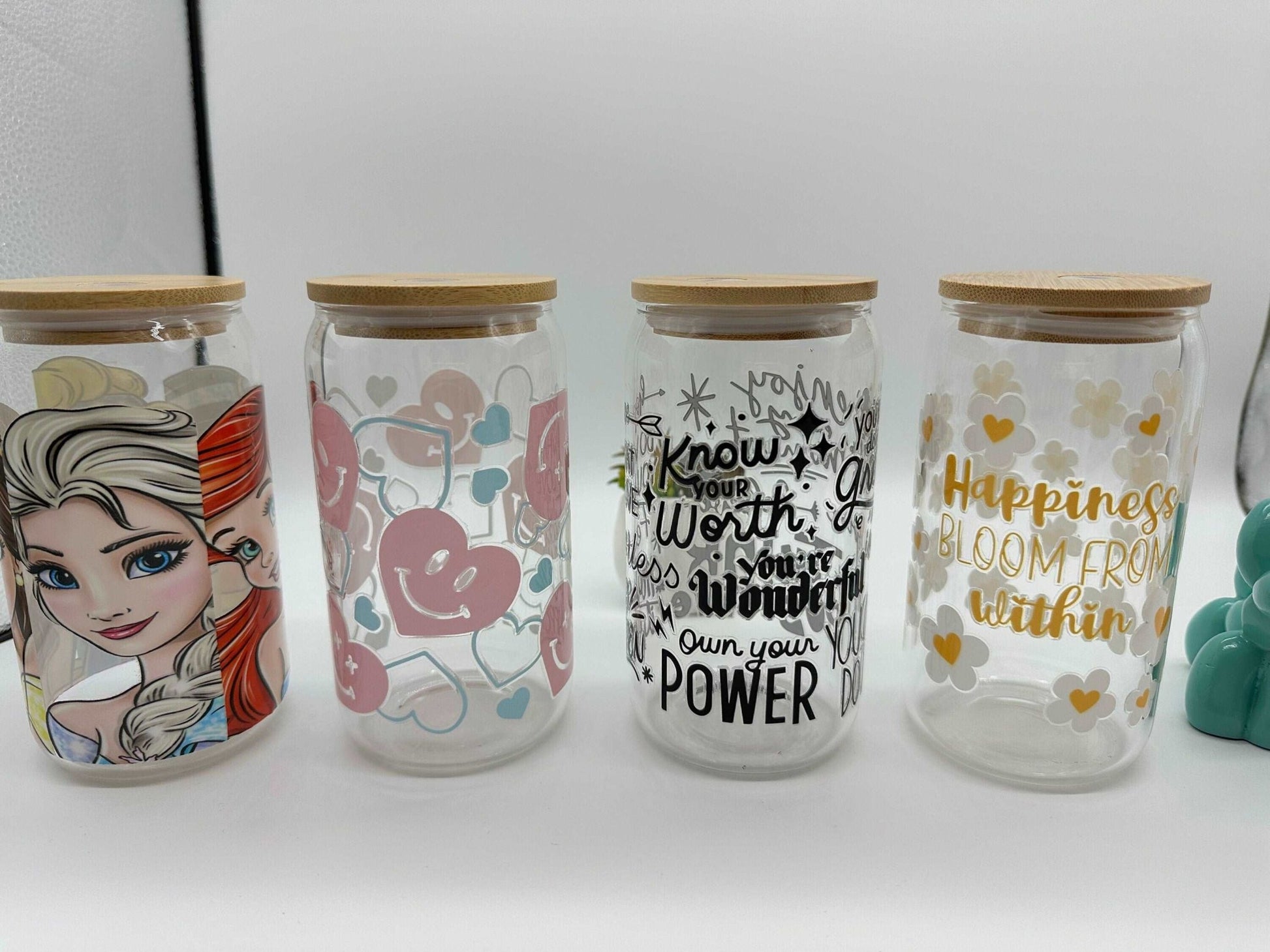 Cold brew glass, cold coffee glass cup, 16oz glass can, UV decal, Heart, Princess, Hapiness, Positive - Envoga Handbags