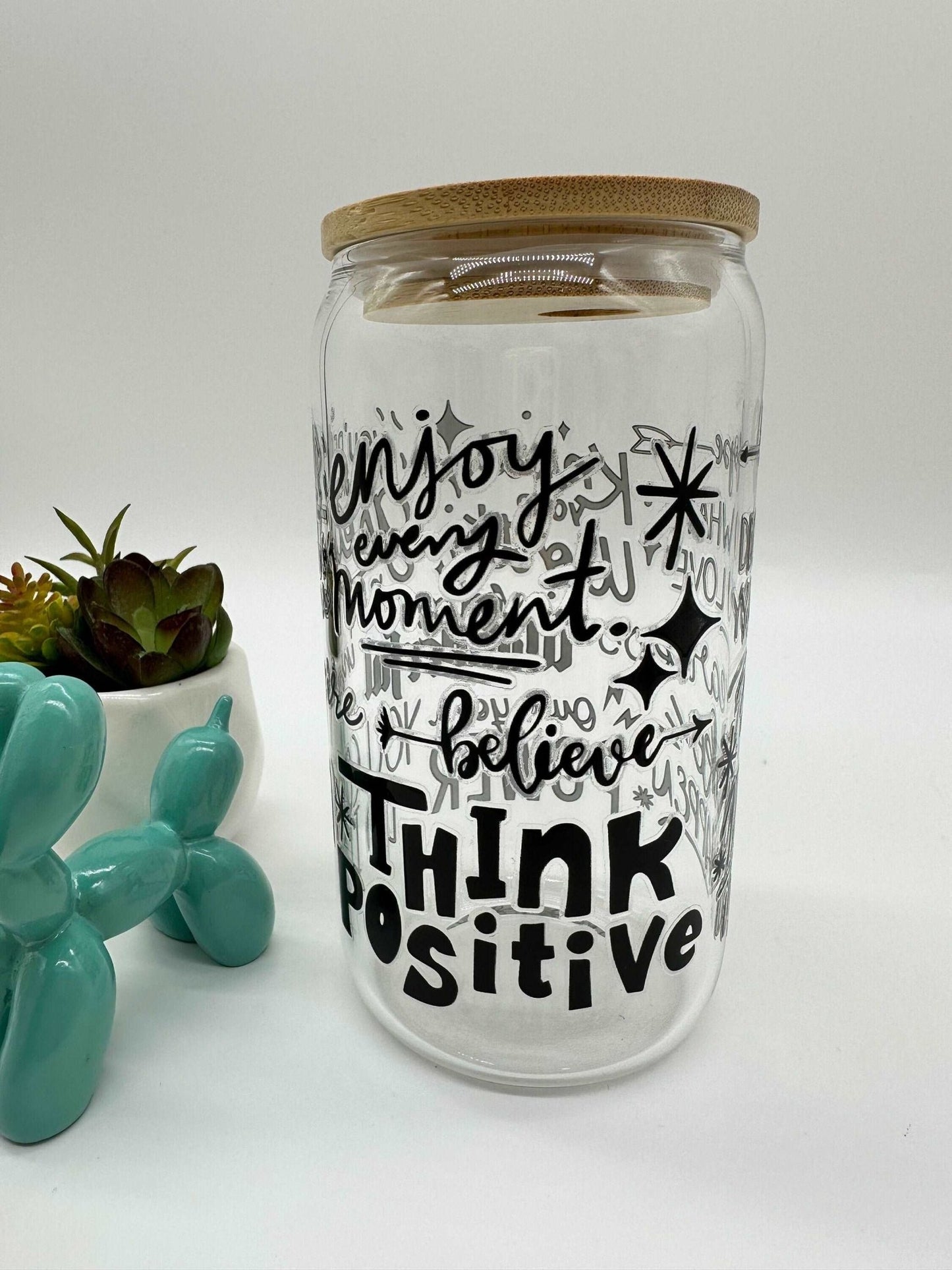 Cold brew glass, cold coffee glass cup, 16oz glass can, UV decal, Heart, Princess, Hapiness, Positive - Envoga Handbags