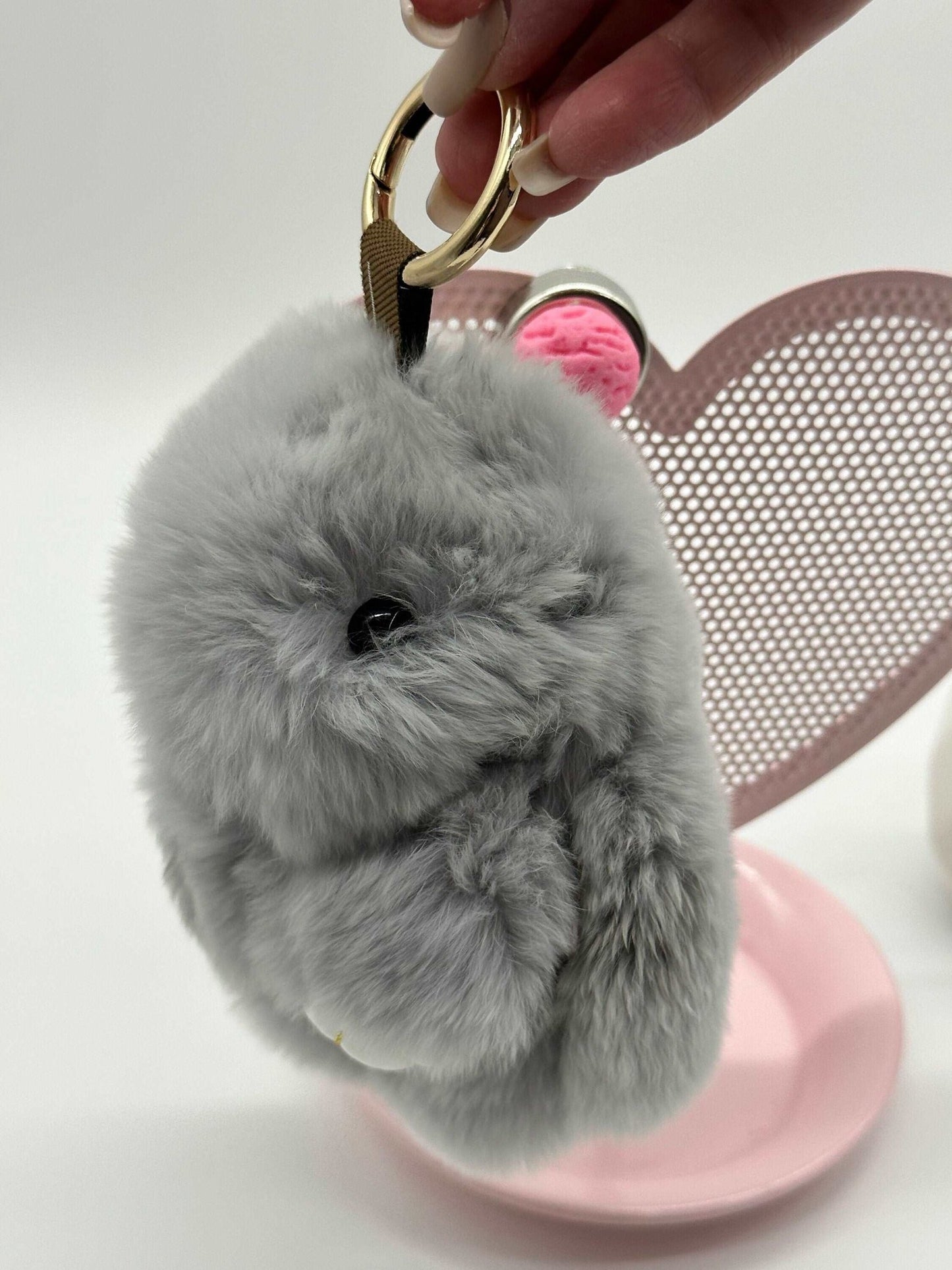 Cute keychain, gifts for daughter, gift for a girlfriend, purse, charm, phone, charm, gray plush bunny keychain, MIntyCrafts