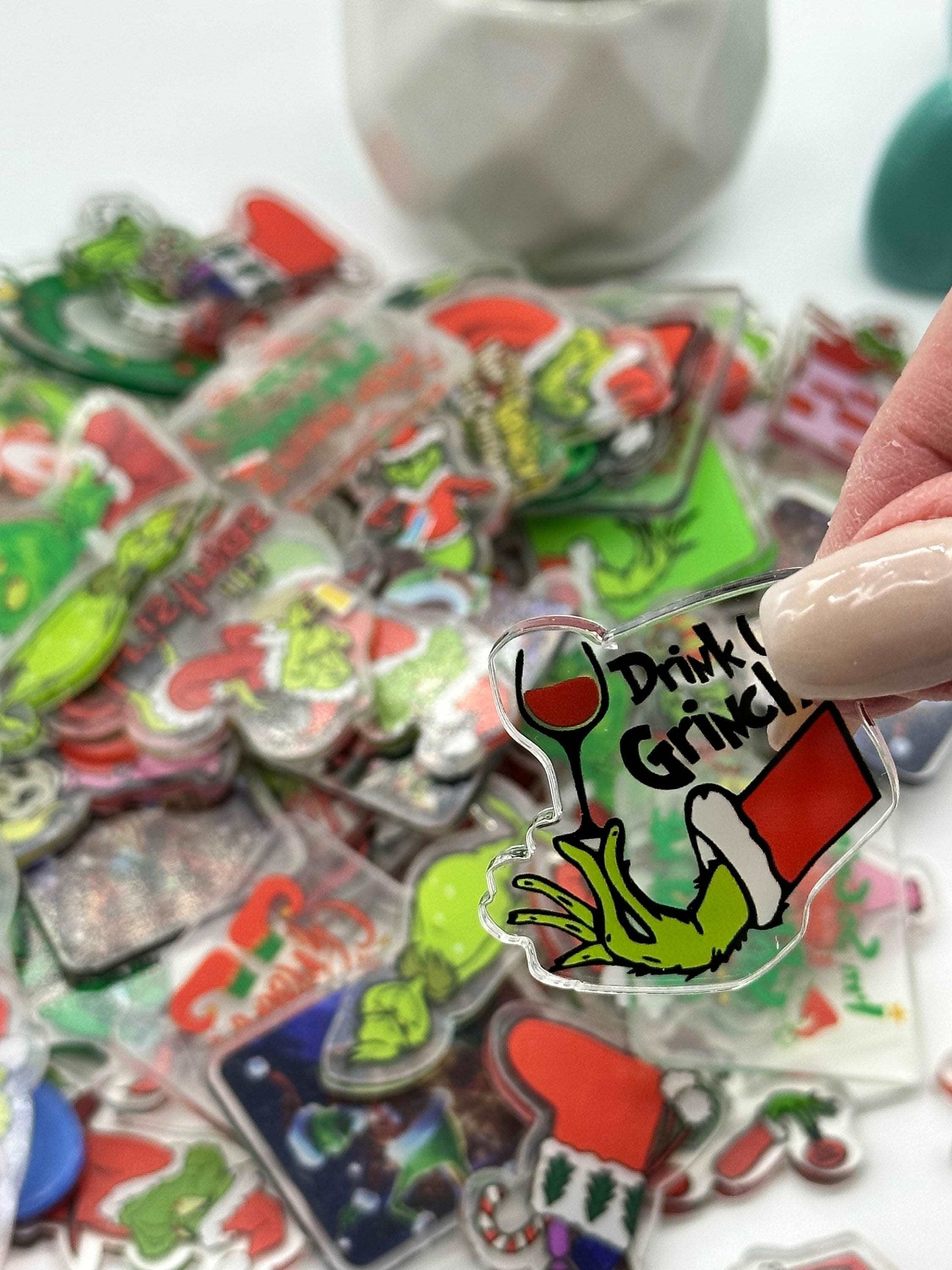 Mystery bag of Acrylic Charms for DIY, Make Keychains, Decorate paperclips, Green Angry Monster theme Random no pick 10 pieces