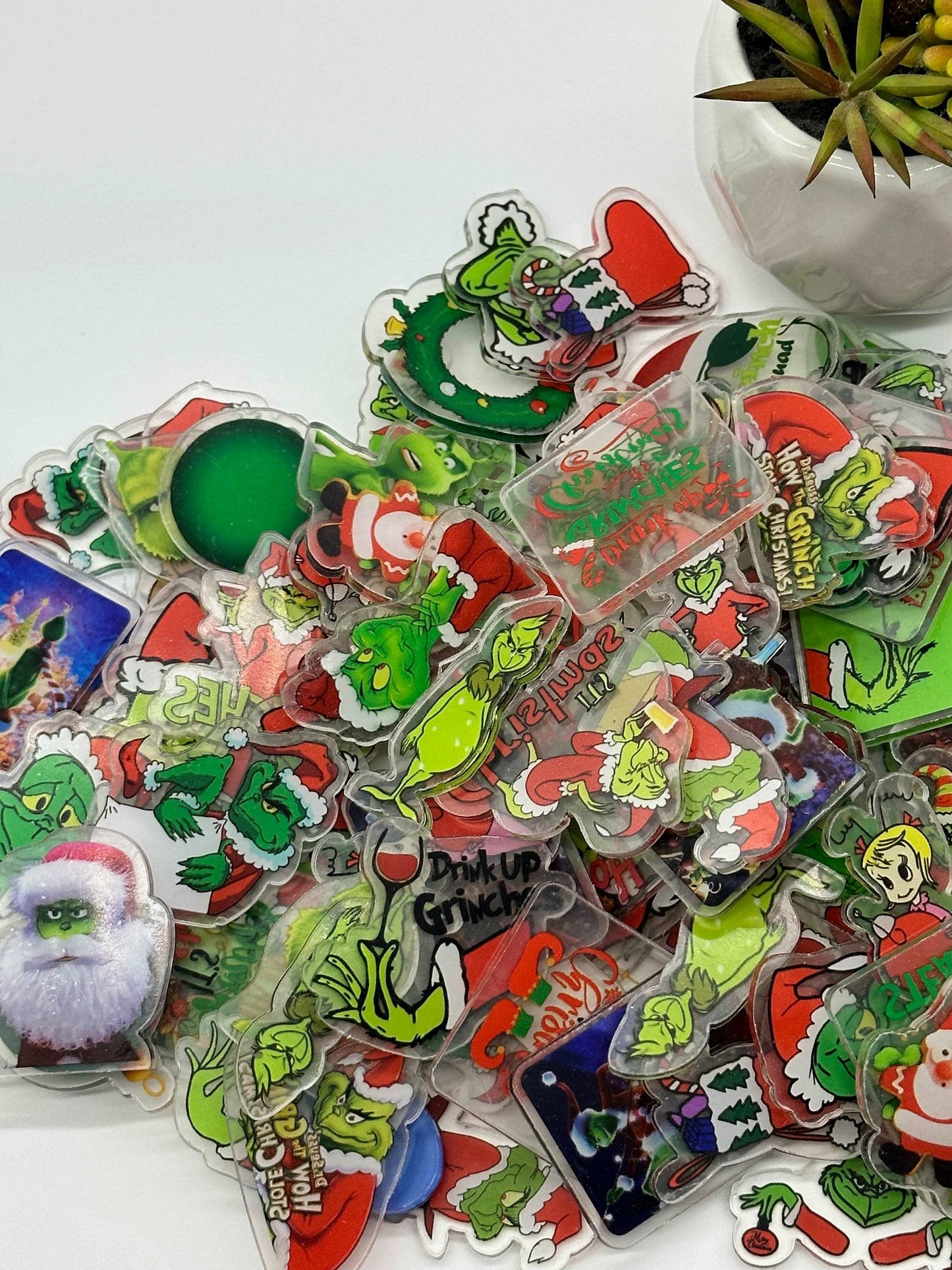 Mystery bag of Acrylic Charms for DIY, Make Keychains, Decorate paperclips, Green Angry Monster theme Random no pick 10 pieces