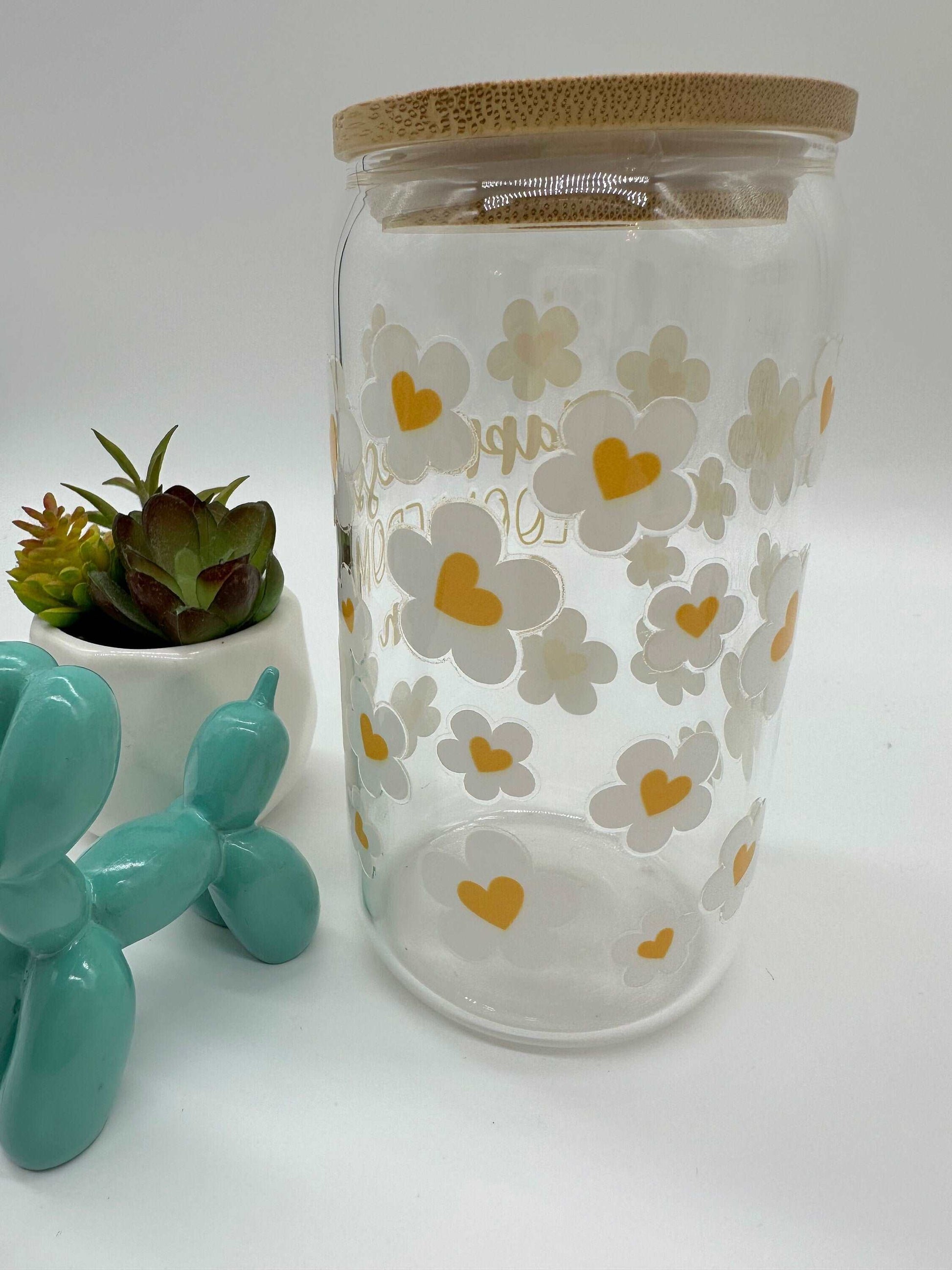 Cold brew glass, cold coffee glass cup, 16oz glass can, UV decal, Heart, Princess, Hapiness, Positive