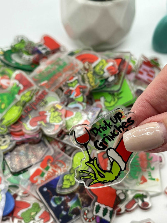 Mystery bag of Acrylic Charms for DIY, Make Keychains, Decorate paperclips, Green Angry Monster theme Random no pick 10 pieces