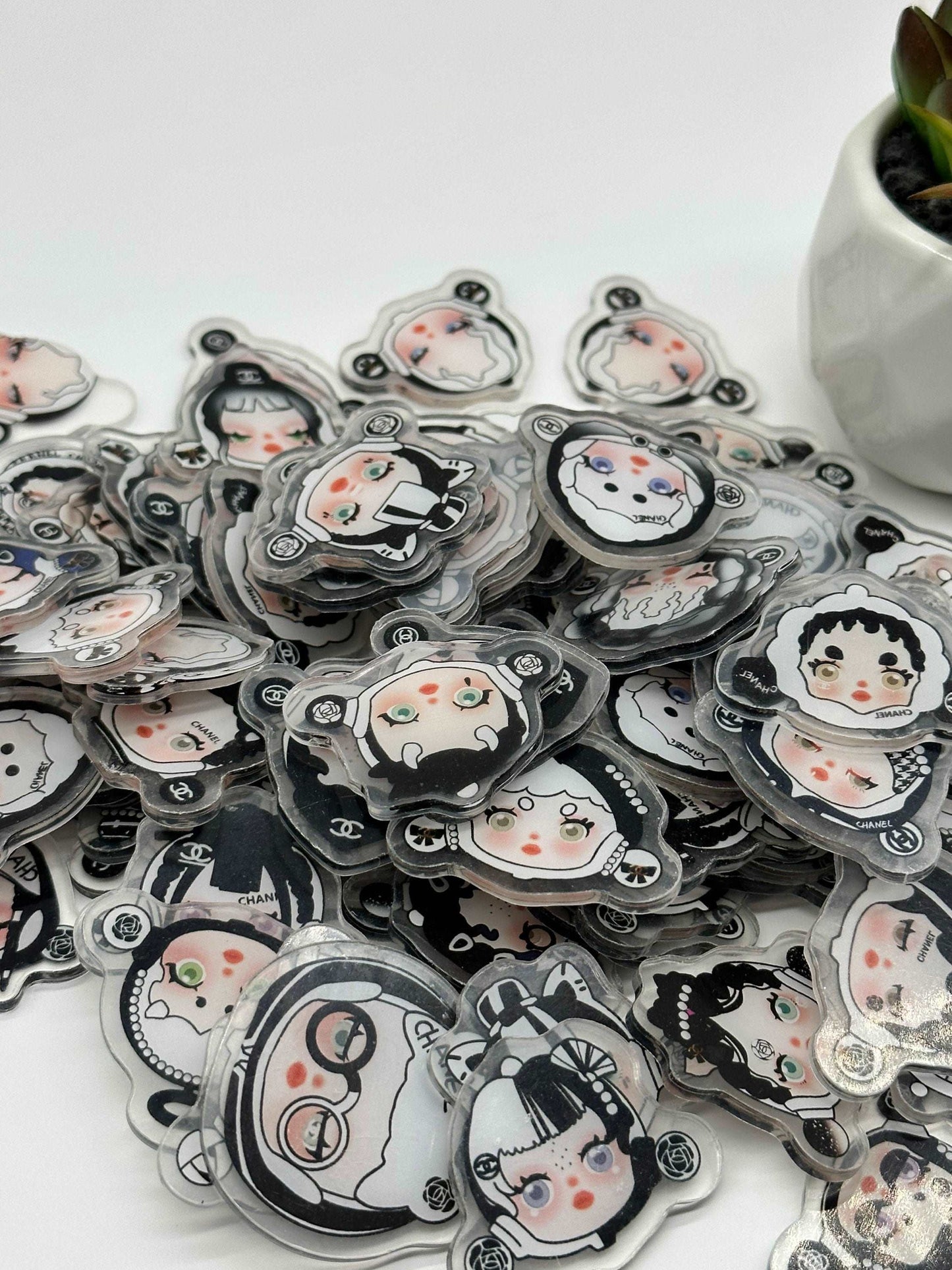 Mystery bag of Acrylic Charms for DIY, Make Keychains, Decorate paperclips, Skullpanda Girl theme Random no pick 10 pieces