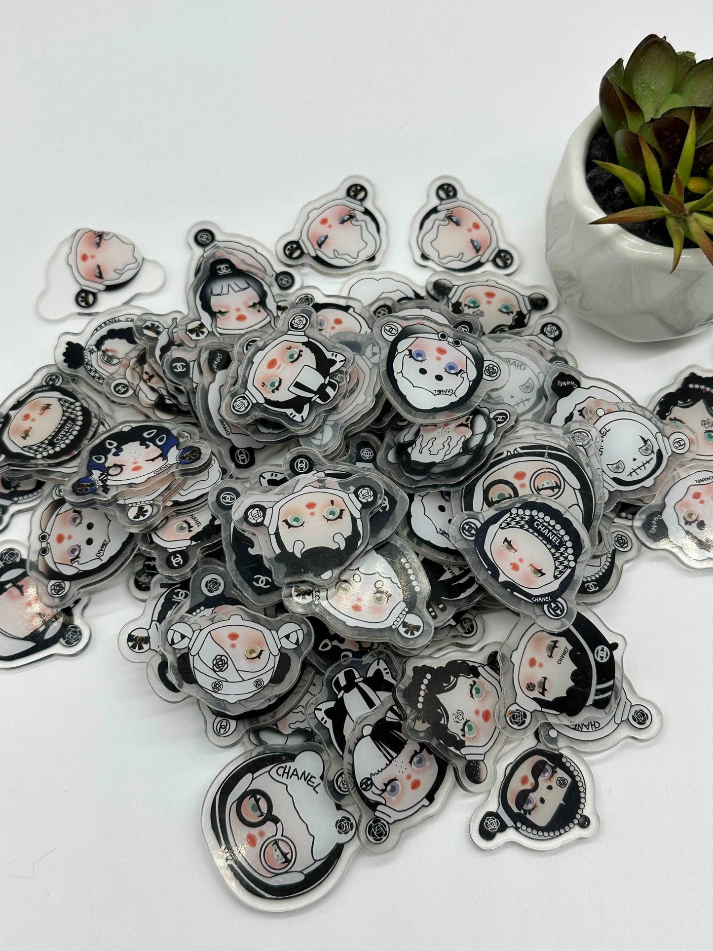 Mystery bag of Acrylic Charms for DIY, Make Keychains, Decorate paperclips, Skullpanda Girl theme Random no pick 10 pieces