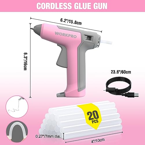 WORKPRO Pink Cordless Hot Glue Gun, Rechargeable