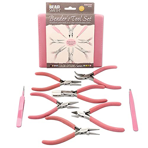 The Beadsmith Fashion Color Pliers – Set of 8 Slimline Color-Coordinated Tools – Matching Clutch in Bubblegum – Jewelry Making Supply Kit to Create Necklaces, Bracelets, Earrings & More