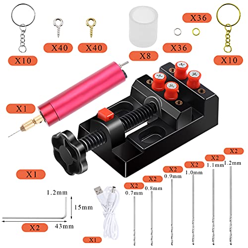 Yiphates Electric Resin Drill Set, Hand Drill Tool Set, Pin Vise for Resin Molds Jewelry Casting, Anti-Skid Drill Press Vise, 220 PCS Keychain Making Supplies for DIY Craft Keychains Jewelry Making