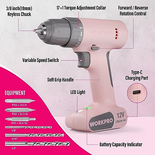 WORKPRO Pink Cordless Drill Driver Set, 12V Electric Power Drill Tool Kit with 6 Pcs Bits, 3/8-Inch Keyless Chuck, Variable Speed, 18 Touque Setting, Type-C Charge Cable, Led Light, Pink Ribbon