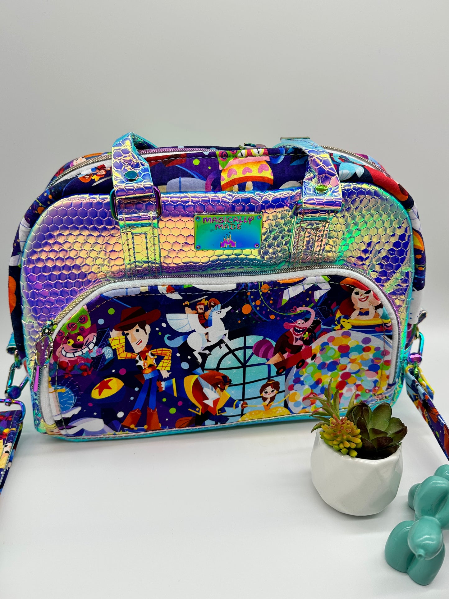 Colorful metallic vinyl/fabric handbag