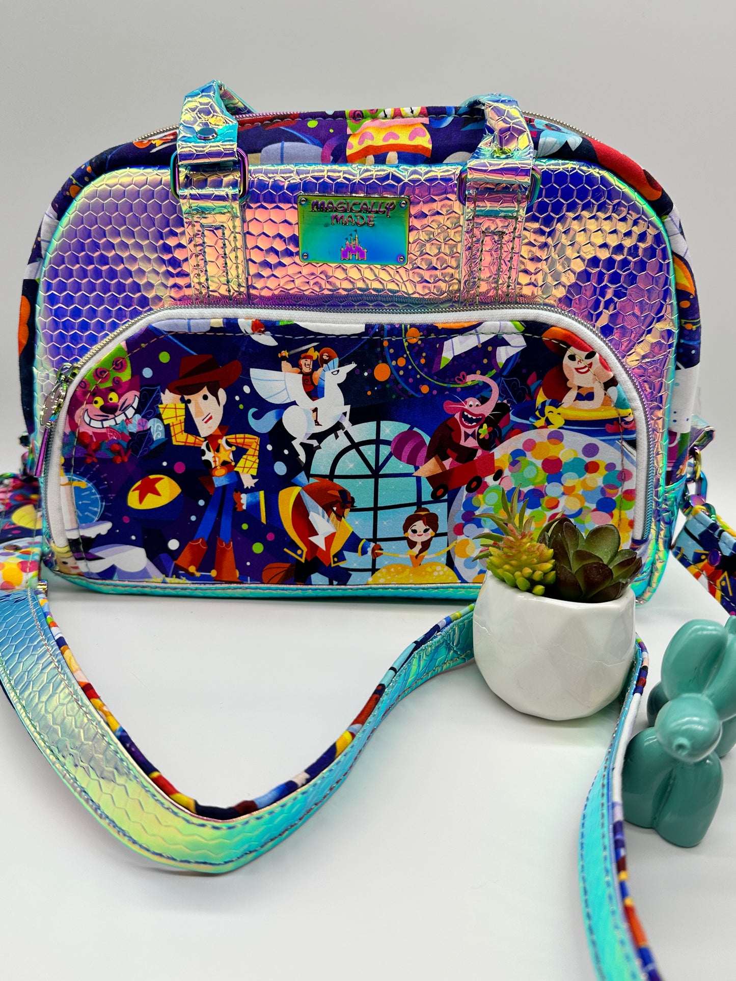 Colorful metallic vinyl/fabric handbag