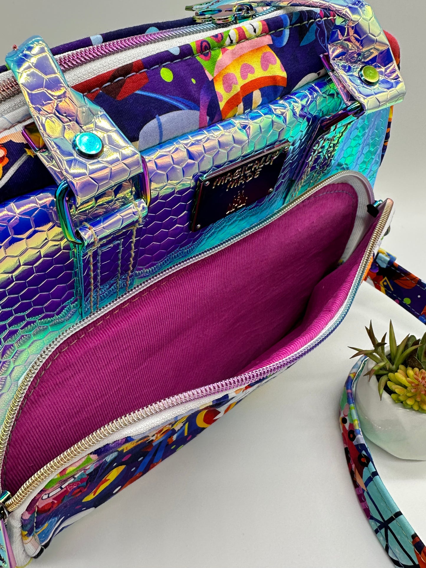 Colorful metallic vinyl/fabric handbag