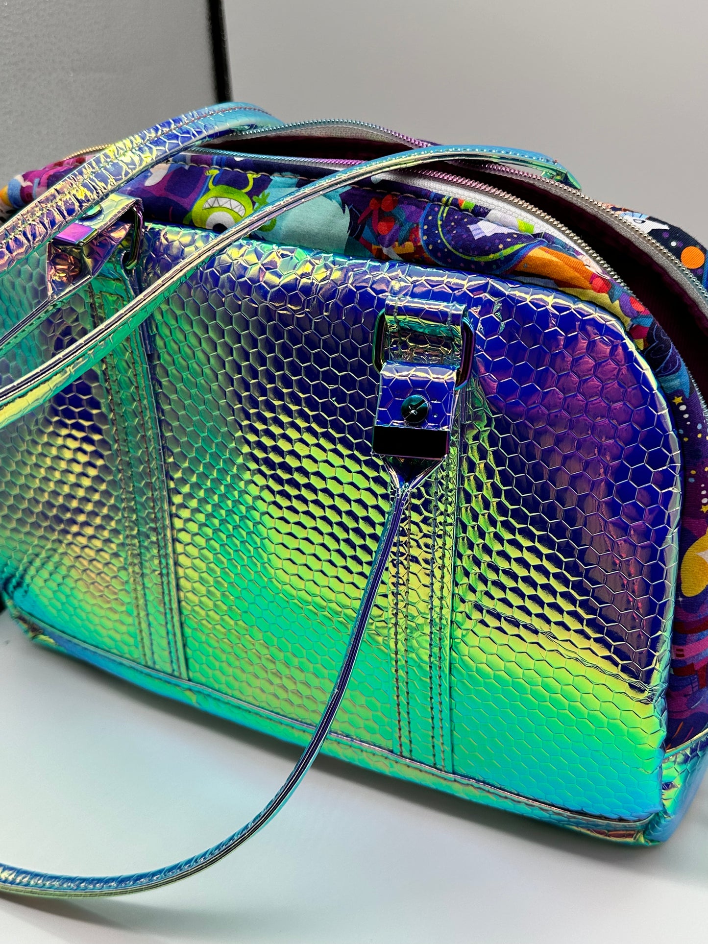 Colorful metallic vinyl/fabric handbag